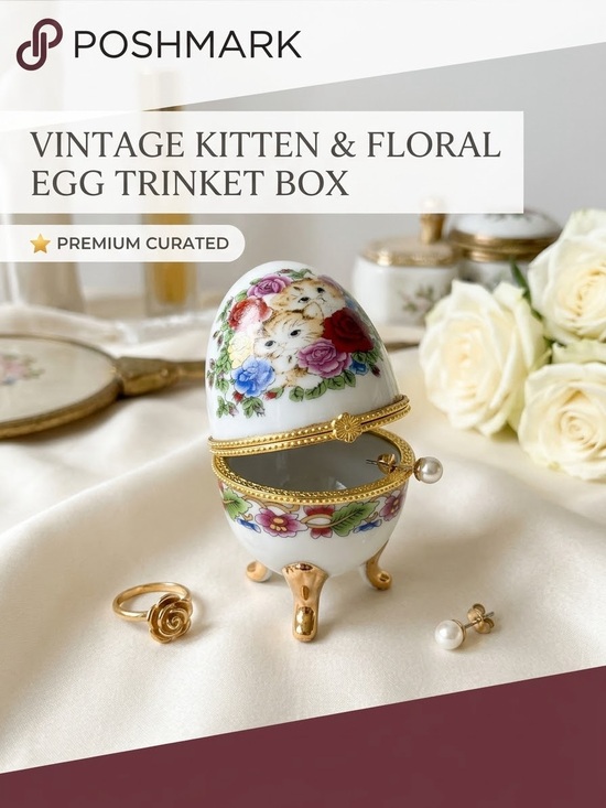 Other - Vintage Hinged Egg Trinket Box Kittens Floral Gold Footed Keepsake